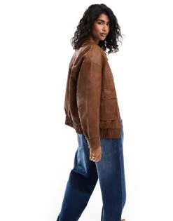 Bershka Faux Leather Oversized Bomber Jacket In Tobacco For Women Brown -Chic Maze Sales 207324799 4