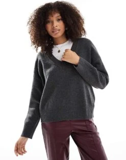 Bershka Fluffy V-neck Jumper In Grey Marl For Women -Chic Maze Sales 207324810 2