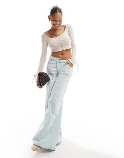 Bershka Lace Scoop Neck Top In Pale Pink For Women -Chic Maze Sales 207324817 3