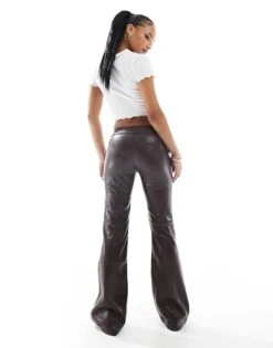 Bershka Petite Faux Leather Flared Trousers In Brown For Women -Chic Maze Sales 207324850 3