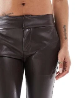 Bershka Petite Faux Leather Flared Trousers In Brown For Women -Chic Maze Sales 207324850 5