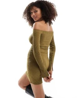 Bershka Textured Bardot Mini Dress In Khaki For Women -Chic Maze Sales 207324895 3