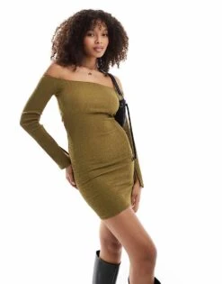 Bershka Textured Bardot Mini Dress In Khaki For Women -Chic Maze Sales 207324895 4