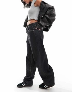 Bershka Ultra Wide Leg Contrast Stitch Jeans In Black For Women -Chic Maze Sales 207324910 2