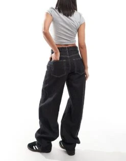 Bershka Ultra Wide Leg Contrast Stitch Jeans In Black For Women -Chic Maze Sales 207324910 3