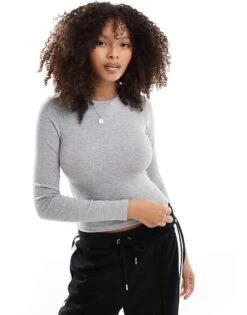 Bershka Long Sleeve Baby Tee In Grey For Women -Chic Maze Sales 207324925 1 grey 1