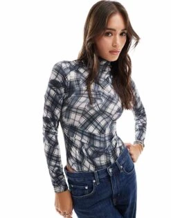 Bershka High Neck Long Sleeve Bodysuit In Black Check For Women Multi -Chic Maze Sales 207324931 1 multi 1