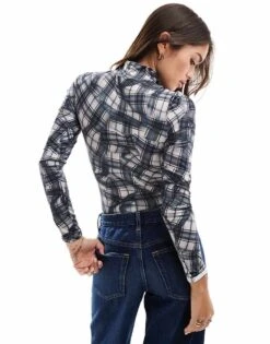 Bershka High Neck Long Sleeve Bodysuit In Black Check For Women Multi -Chic Maze Sales 207324931 2