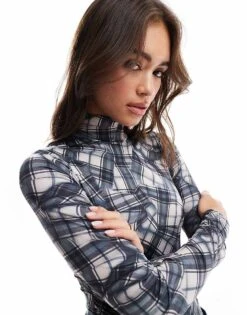 Bershka High Neck Long Sleeve Bodysuit In Black Check For Women Multi -Chic Maze Sales 207324931 4