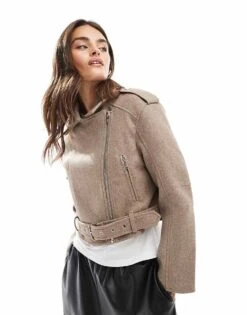 Bershka Wool Look Boxy Biker Jacket In Sand For Women -Chic Maze Sales 207346706 1 sand 1