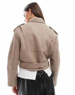 Bershka Wool Look Boxy Biker Jacket In Sand For Women -Chic Maze Sales 207346706 4