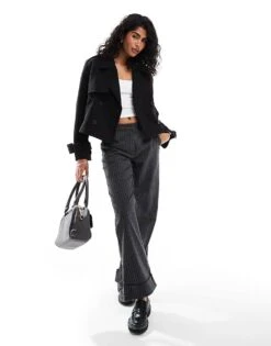 Bershka Cropped Wool Look Trench Coat In Black For Women -Chic Maze Sales 207346713 4