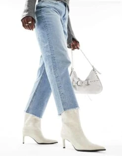 Bershka Pointed Toe Kitten Heeled Ankle Boots In White Croc For Women