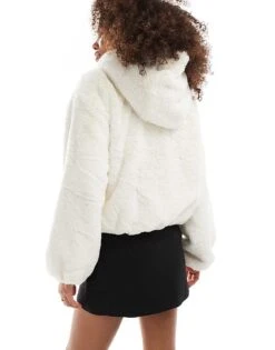 Bershka Faux Fur Hooded Jacket In Ecru For Women -Chic Maze Sales 207379846 4