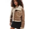 Bershka Shearling Trim Faux Suede Jacket In Dark Tan For Women Brown -Chic Maze Sales 207379870 1 brown
