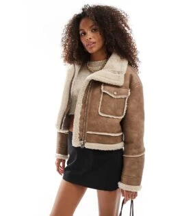 Bershka Shearling Trim Faux Suede Jacket In Dark Tan For Women Brown