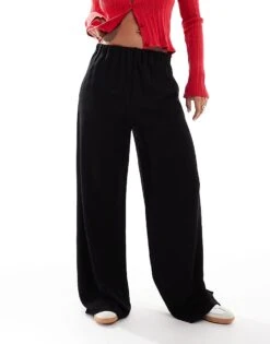 Bershka Drawstring Waist Wide Leg Trousers In Black For Women -Chic Maze Sales 207379898 4