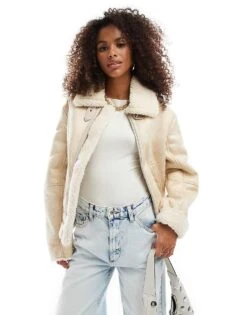 Bershka Shearling Trim Aviator Jacket In Cream Contrast For Women Ecru -Chic Maze Sales 207379935 1 ecru 1