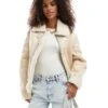 Bershka Shearling Trim Aviator Jacket In Cream Contrast For Women Ecru -Chic Maze Sales 207379935 1 ecru