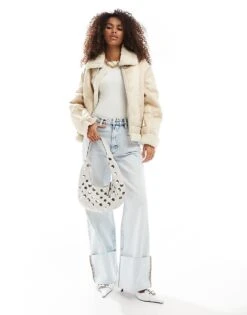Bershka Shearling Trim Aviator Jacket In Cream Contrast For Women Ecru -Chic Maze Sales 207379935 3