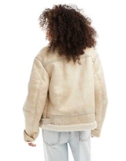 Bershka Shearling Trim Aviator Jacket In Cream Contrast For Women Ecru -Chic Maze Sales 207379935 4