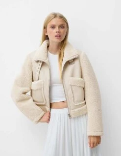 Bershka Shearling And Faux Leather Jacket In Cream For Women