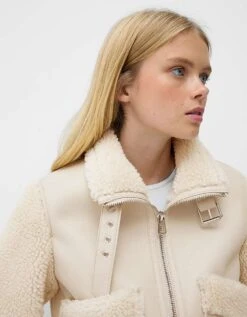 Bershka Shearling And Faux Leather Jacket In Cream For Women -Chic Maze Sales 207379942 3