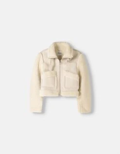 Bershka Shearling And Faux Leather Jacket In Cream For Women -Chic Maze Sales 207379942 4