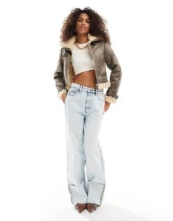 Bershka Shearling Jacket In Brown For Women -Chic Maze Sales 207379952 3