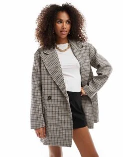 Bershka Boxy Oversized Tailored Coat In Brown Check For Women -Chic Maze Sales 207379988 1 brown 1