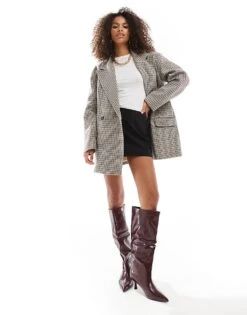 Bershka Boxy Oversized Tailored Coat In Brown Check For Women -Chic Maze Sales 207379988 3