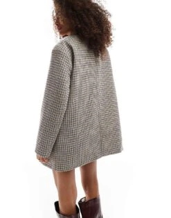 Bershka Boxy Oversized Tailored Coat In Brown Check For Women -Chic Maze Sales 207379988 4