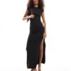 Bershka Draped Short Sleeve Maxi Dress In Black For Women -Chic Maze Sales 207380161 1 black