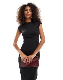 Bershka Draped Short Sleeve Maxi Dress In Black For Women -Chic Maze Sales 207380161 2