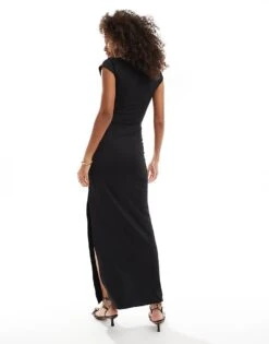 Bershka Draped Short Sleeve Maxi Dress In Black For Women -Chic Maze Sales 207380161 4