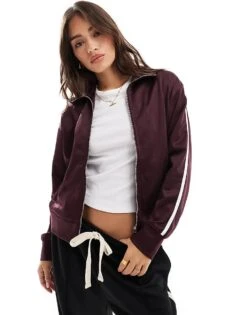 Bershka Zip Through Sports Jacket In Burgundy For Women -Chic Maze Sales 207385909 1 burgundy 1