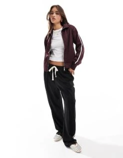 Bershka Zip Through Sports Jacket In Burgundy For Women -Chic Maze Sales 207385909 3