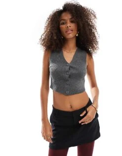 Bershka Bershk Ribbed Knitted Waistcoat In Grey For Women