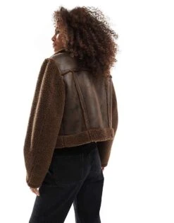 Bershka Boxy Contrast Detail Jacket In Ecru & Brown For Women -Chic Maze Sales 207409171 3