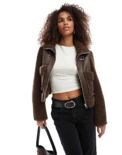 Bershka Boxy Contrast Detail Jacket In Ecru & Brown For Women -Chic Maze Sales 207409171 4