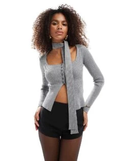 Bershka Ribbed Cardi With Neck Tie In Grey For Women -Chic Maze Sales 207409230 1 grey 1