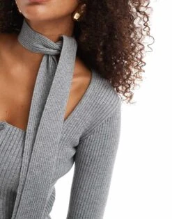 Bershka Ribbed Cardi With Neck Tie In Grey For Women -Chic Maze Sales 207409230 2