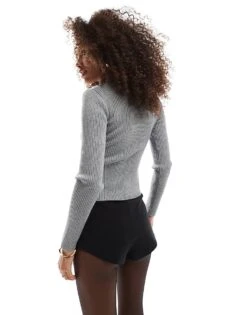 Bershka Ribbed Cardi With Neck Tie In Grey For Women -Chic Maze Sales 207409230 4