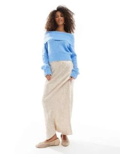 Bershka Fluffy Bardot Jumper In Light Blue For Women -Chic Maze Sales 207409258 2