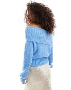 Bershka Fluffy Bardot Jumper In Light Blue For Women -Chic Maze Sales 207409258 3