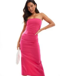 Bershka Bengaline Bandeau Maxi Dress In Pink For Women Bright Pink -Chic Maze Sales 207409364 4