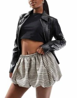 Bershka Puffball Mini Skirt In Brown Check For Women -Chic Maze Sales 207409569 1 brown 1