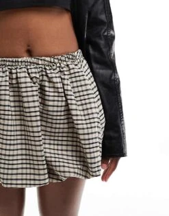 Bershka Puffball Mini Skirt In Brown Check For Women -Chic Maze Sales 207409569 4