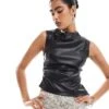 Bershka High Neck Faux Leather Top In Black For Women -Chic Maze Sales 207412105 1 black