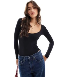 Bershka Scoop Neck Bodysuit In Black For Women -Chic Maze Sales 207413753 3